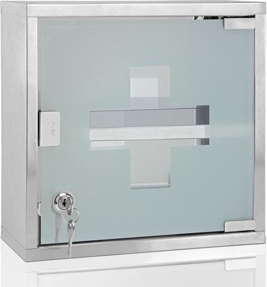 Style home Medicijnkastje van roestvrij staal, 60 x 30 x 12 cm, 4 vakken, afsluitbaar medicijnkastje, huisapotheek, eerstehulp-kast, medicijnkastje met glazen deur en slot, incl. 2 sleutels (zilver