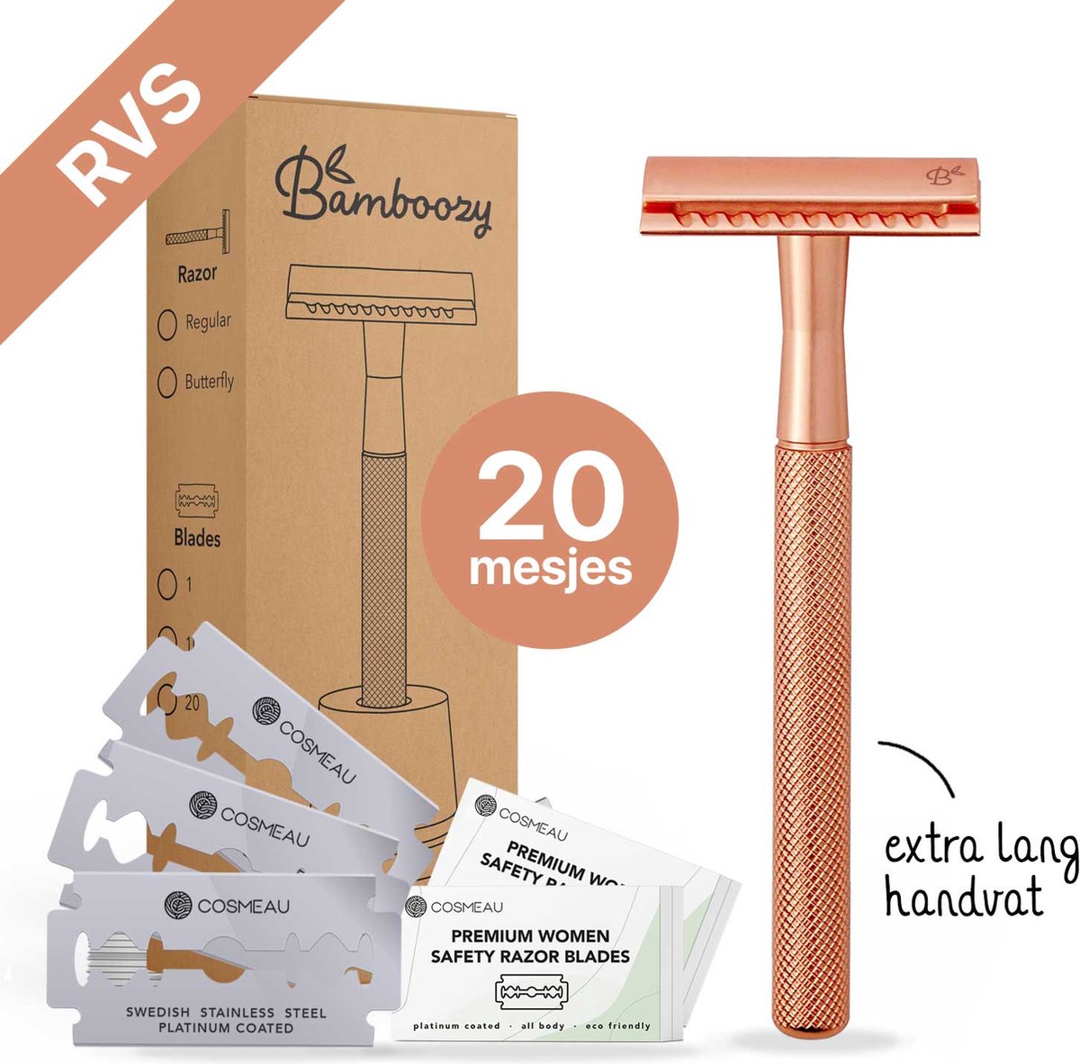 Bamboozy Safety Razor RVS + 20 Scheermesjes Rose Gold Goud voor Vrouwen Dames Zero Waste Duurzaam Scheermesje Veiligheidsscheermes
