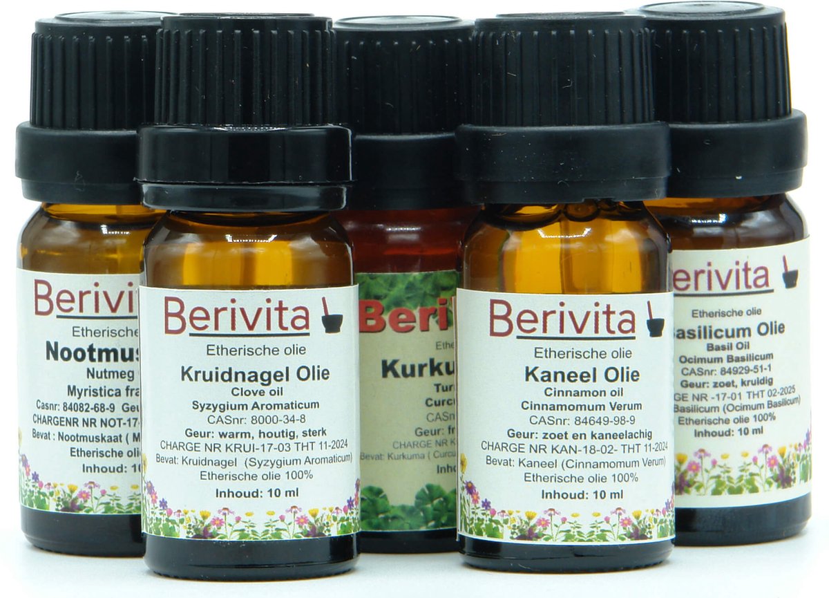 Goedkoopste Kruiden Olie 5x10ml Etherische Olie Set - Nootmuskaatolie 10ml, Kruidnagelolie 10ml, Kurkuma Olie 10ml, Basilicumolie 10ml en Kaneelolie 10ml - Essentiële Olie Set