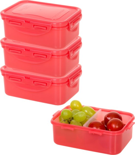 Boîtes à goûter Lock&Lock - Boîte à goûter avec séparateurs - Étanche - Enfants - Set de 4 pièces - 460 ml - Rouge