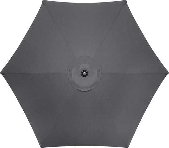 Bovenaanzicht van een zeshoekige, antracietkleurige parasol met een zwarte paal.