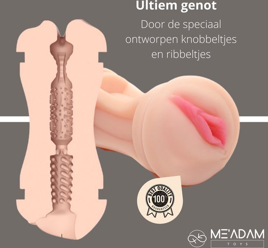 Roze masturbator met een gedetailleerde binnenkant met knobbeltjes en ribbeltjes. Een opening met roze lippen is zichtbaar.