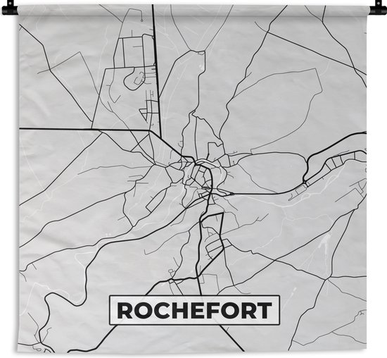 Wandkleed - Wanddoek - Plattegrond – Rochefort – Zwart Wit – Stadskaart - Kaart - 90x90 cm - Wandtapijt