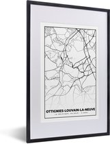 Fotolijst incl. Poster Zwart Wit- België – Ottignies Louvain la Neuve – Stadskaart – Kaart – Zwart Wit – Plattegrond - 40x60 cm - Posterlijst