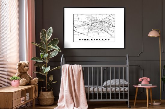 Cadre photo avec poster Zwart et Wit- Plan de ville - Carte - België - Zwart et Wit - Sint Niklaas - Carte - 120x80 cm - Cadre poster