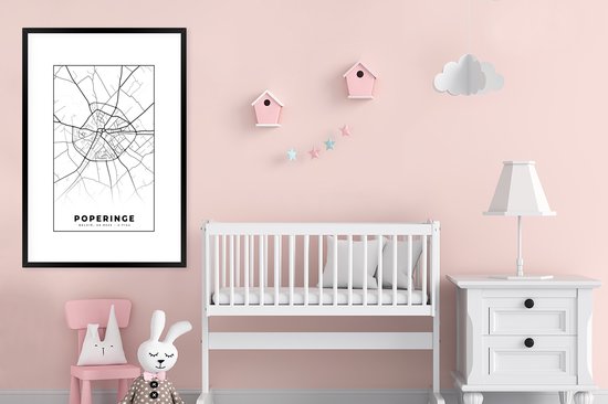 Fotolijst incl. Poster Zwart Wit- België – Poperinge – Stadskaart – Kaart – Zwart Wit – Plattegrond - 80x120 cm - Posterlijst