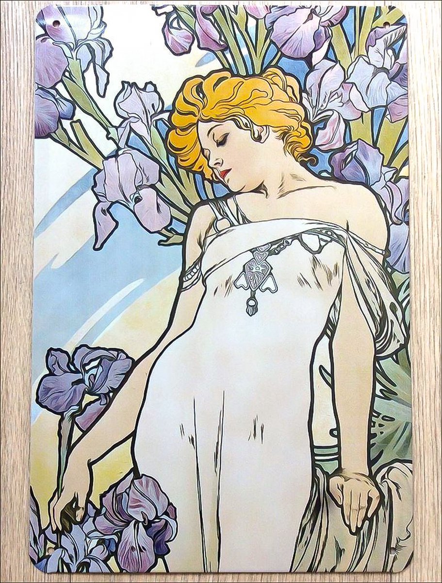 Alphonse Mucha - The Flowers : Iris - Jugendstil Bohemian Art Nouveau Kunst Metalen Wandbord 1900 Belle Epoque Poster