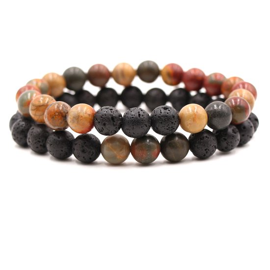 Foto: Bixorp gems dubbele natuursteen armband voor man vrouw oranje zwart contrast edelsteen armband cadeau lavasteen 18cm