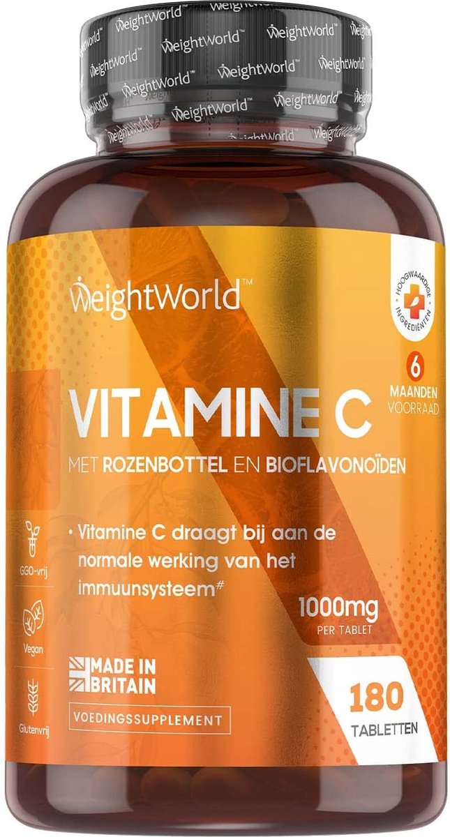 WeightWorld Vitamine C 1000 mg - 180 tabletten voor 6 maanden - Met rozenbottel en bioflavonoïden