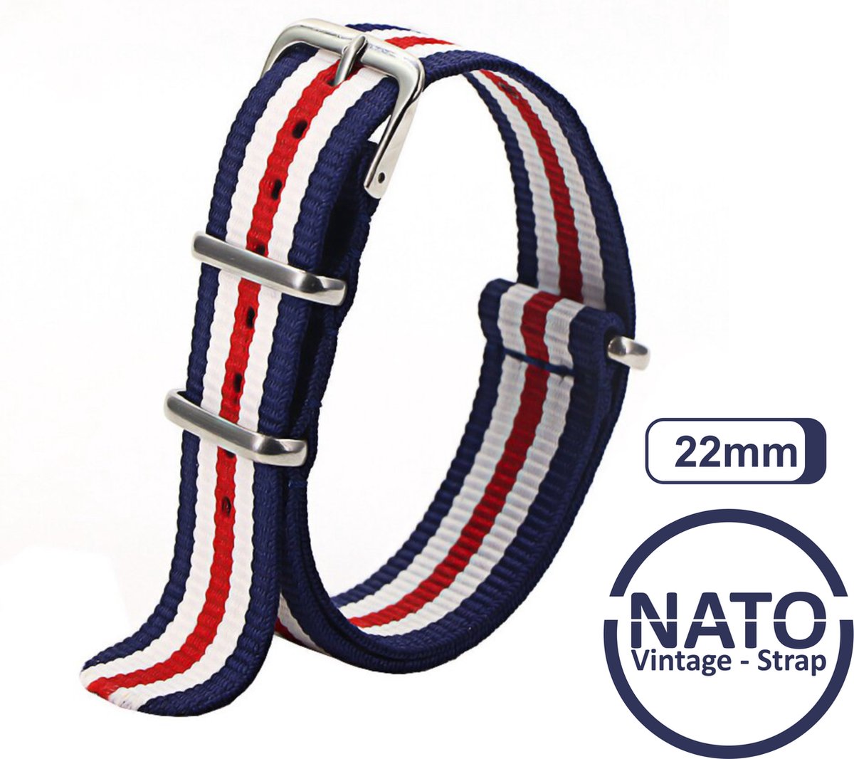 22mm Premium Nato Strap Blauw Rood Wit gestreept - Vintage James Bond - Nato Strap collectie - Mannen - Horlogeband - 22 mm bandbreedte voor oa. Seiko Rolex Omega Casio en Citizen