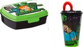 Minecraft brooddoos (17 cm  - 13 cm - 6 cm)  + drinkbeker (16 cm hoog - 430 ml)