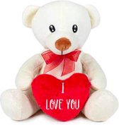 Teddybeer Wit met Rode Strik en Hart "I Love You" 22 cm | Knuffelbeer met Rood Love Hartje | I Love You / Ik hou van jou Cadeau | Valentine Valentijnsdag Moederdag kado rozenbeer r