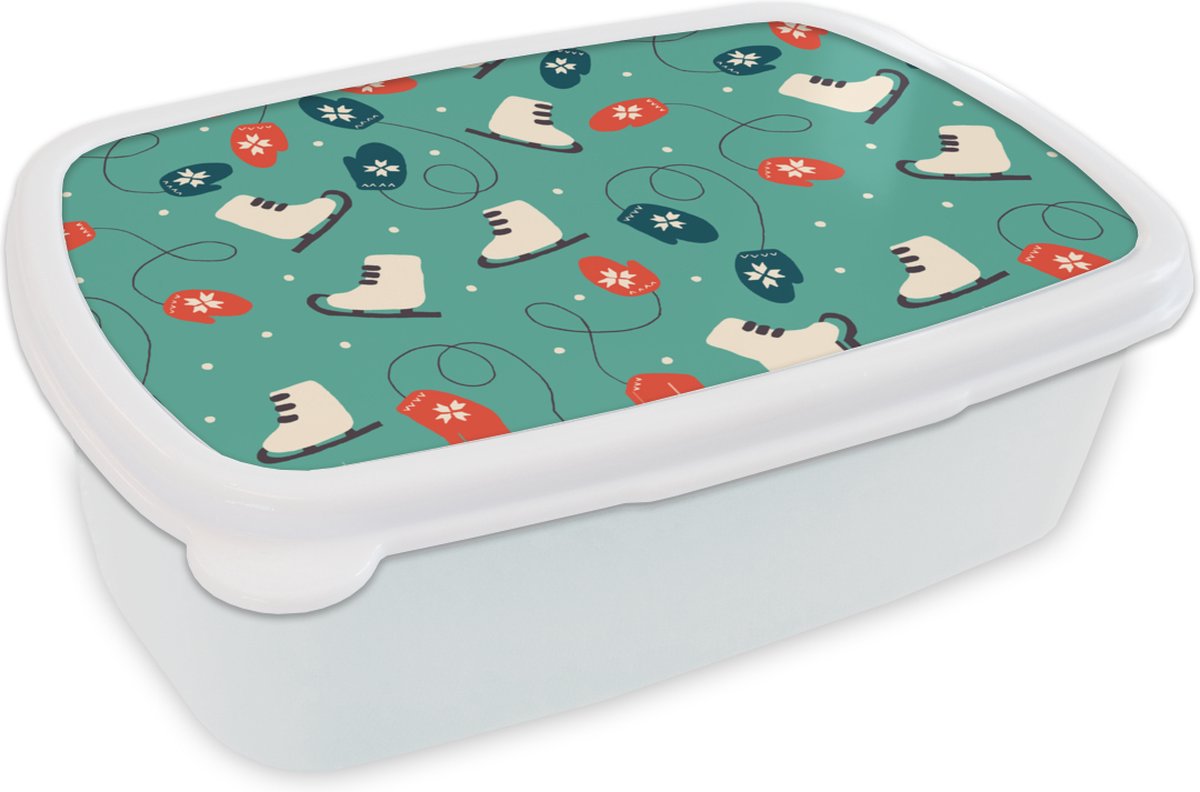 Broodtrommel Wit - Lunchbox - Brooddoos - Schaatsen - Winter - Patronen - 18x12x6 cm - Volwassenen