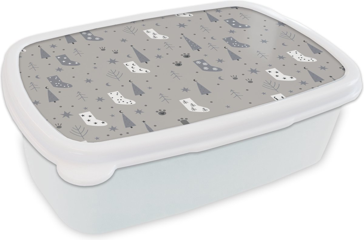 Broodtrommel Wit - Lunchbox - Brooddoos - Sokken - Patronen - Kerst - 18x12x6 cm - Volwassenen