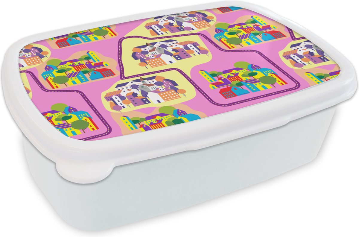 Broodtrommel Wit - Lunchbox - Brooddoos - Skyline - Patronen - Roze - 18x12x6 cm - Volwassenen
