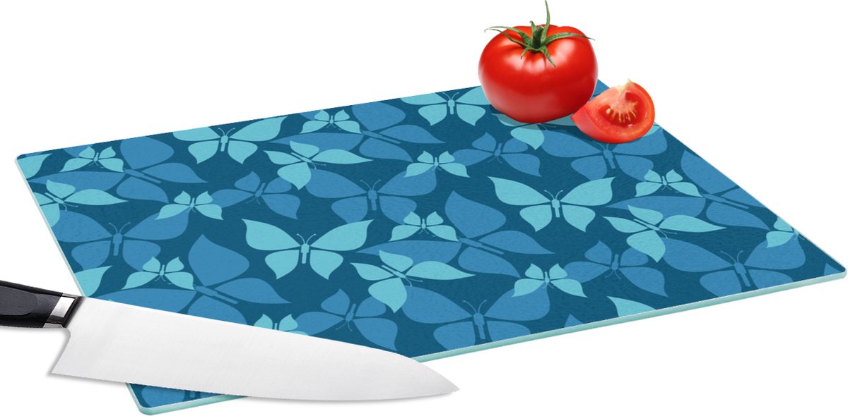 Glazen Snijplank - 39x28 - Vlinders - Patronen - Blauw - Snijplanken Glas