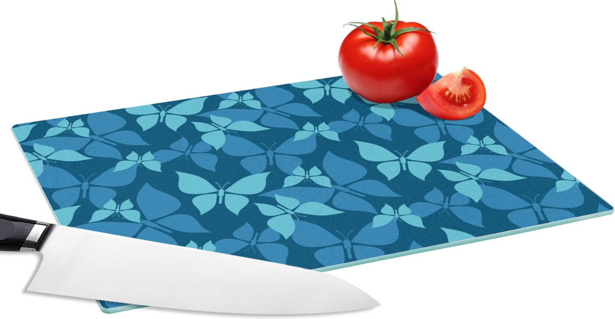 Glazen Snijplank - 28x20 - Vlinders - Patronen - Blauw - Snijplanken Glas