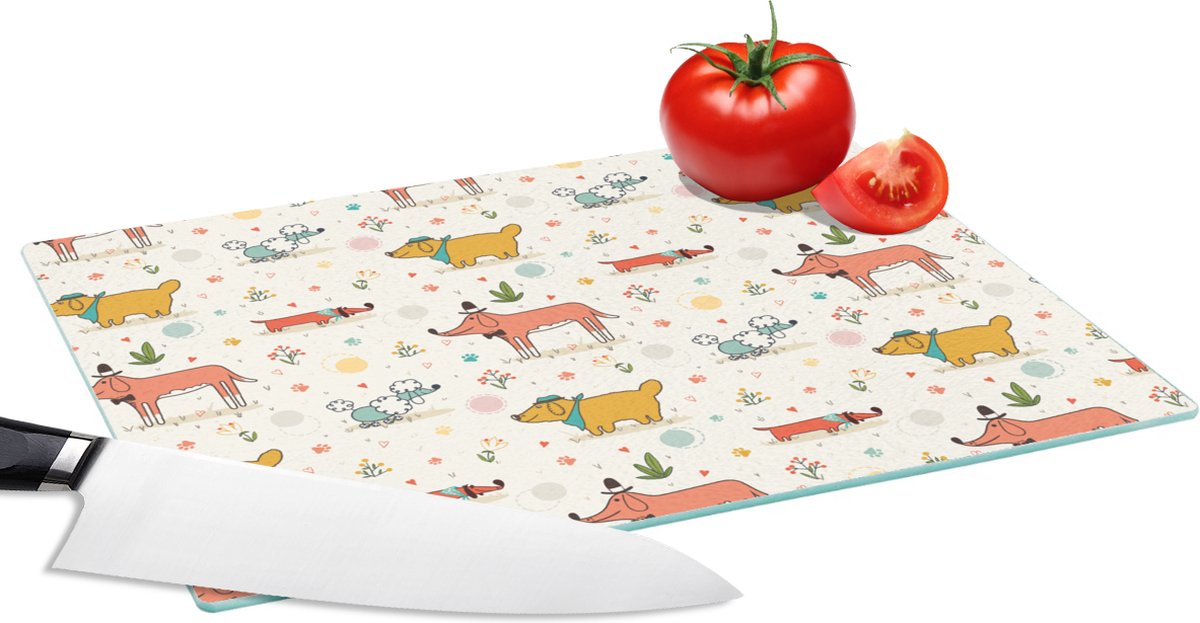Glazen Snijplank - 28x20 - Hond - Teckel - Patronen - Bloemen - Snijplanken Glas