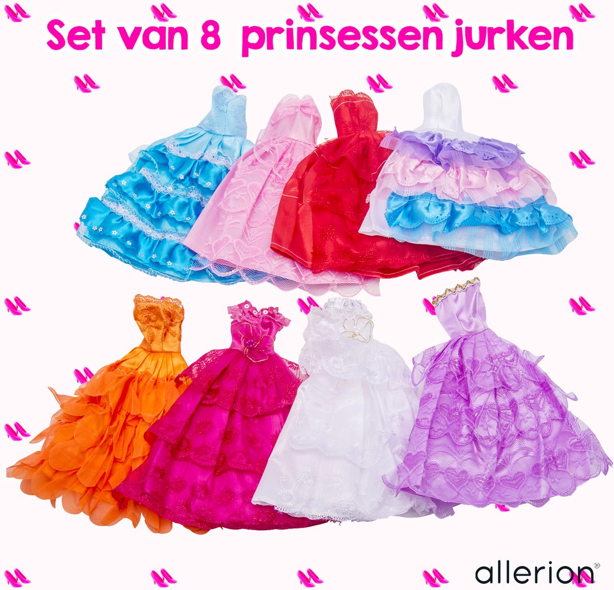 Allerion Jurkjes Set – Geschikt voor Poppen - 8 stuks – Poppenkleding - Verschillende kleuren; Roze, Rood, Paars, Blauw – In Opbergzakje – Past door Brievenbus — afbeelding 3