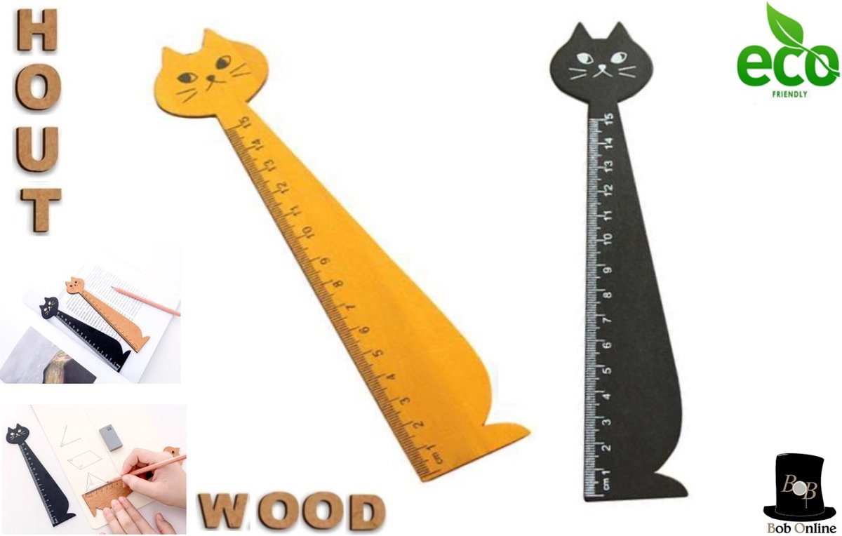 Bob Online ™ - 2 Stuks – Zwart + Hout Kleur – Kat Vorm Houten Boekenlegger – Kat Bladwijzer – Bladwijzerliniaal 15cm – Kantoor Gereedschap – Cat Wooden Bookmark & Ruler in one – Boekenlegger Hout – Vintage Houten Liniaal Bladwijzer