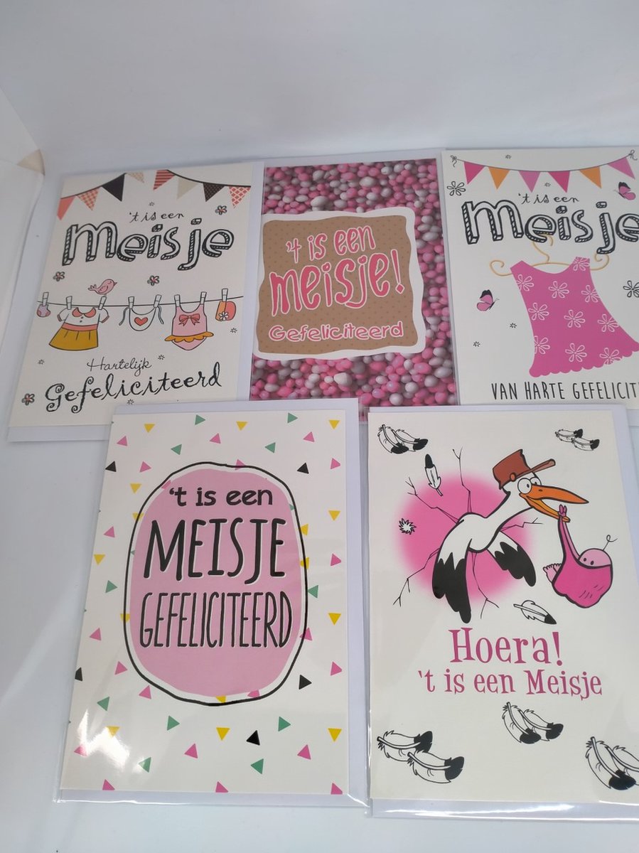 5 Luxe wenskaarten - Geboorte Dochter - 12x 17 cm - Geboorte meisje - Gevouwen kaart met envelop