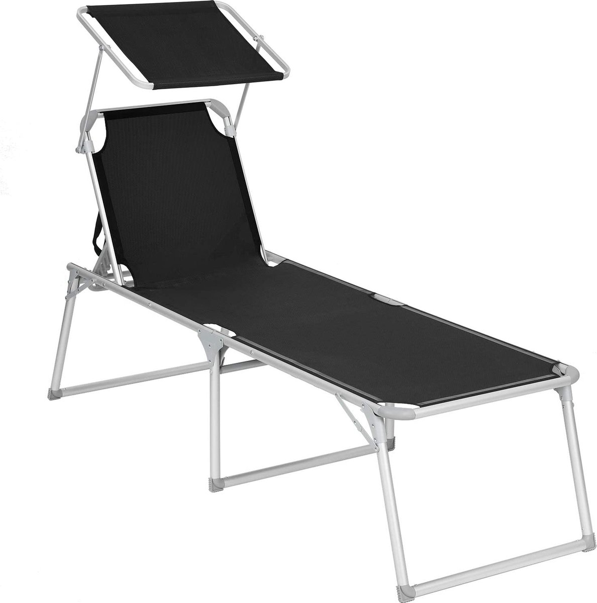 NaSK - Ligstoel, ligstoel, tuinligstoel, extra groot, 65 x 200 x 48 cm, tot 150 kg belastbaar, met zonnedak, rugleuning verstelbaar, inklapbaar, tuin, balkon, terras, zwart