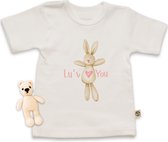 T-shirt Bébé - Boutons en bois - Love you Lapin - Pour garçons et filles - Disponible dans les tailles : 50 62 74 86 - Couleurs du tshirt : Zwart et Wit.