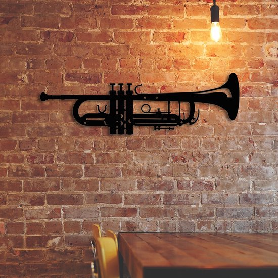 Lifestaal® - Muurdecoratie woonkamer - Wanddecoratie industrieel - Trompet - Instrument - Blaasinstrument - Metaal - Metalen wanddecoratie - Woonkamer decoratie - 60x19cm - incl. ophangsysteem