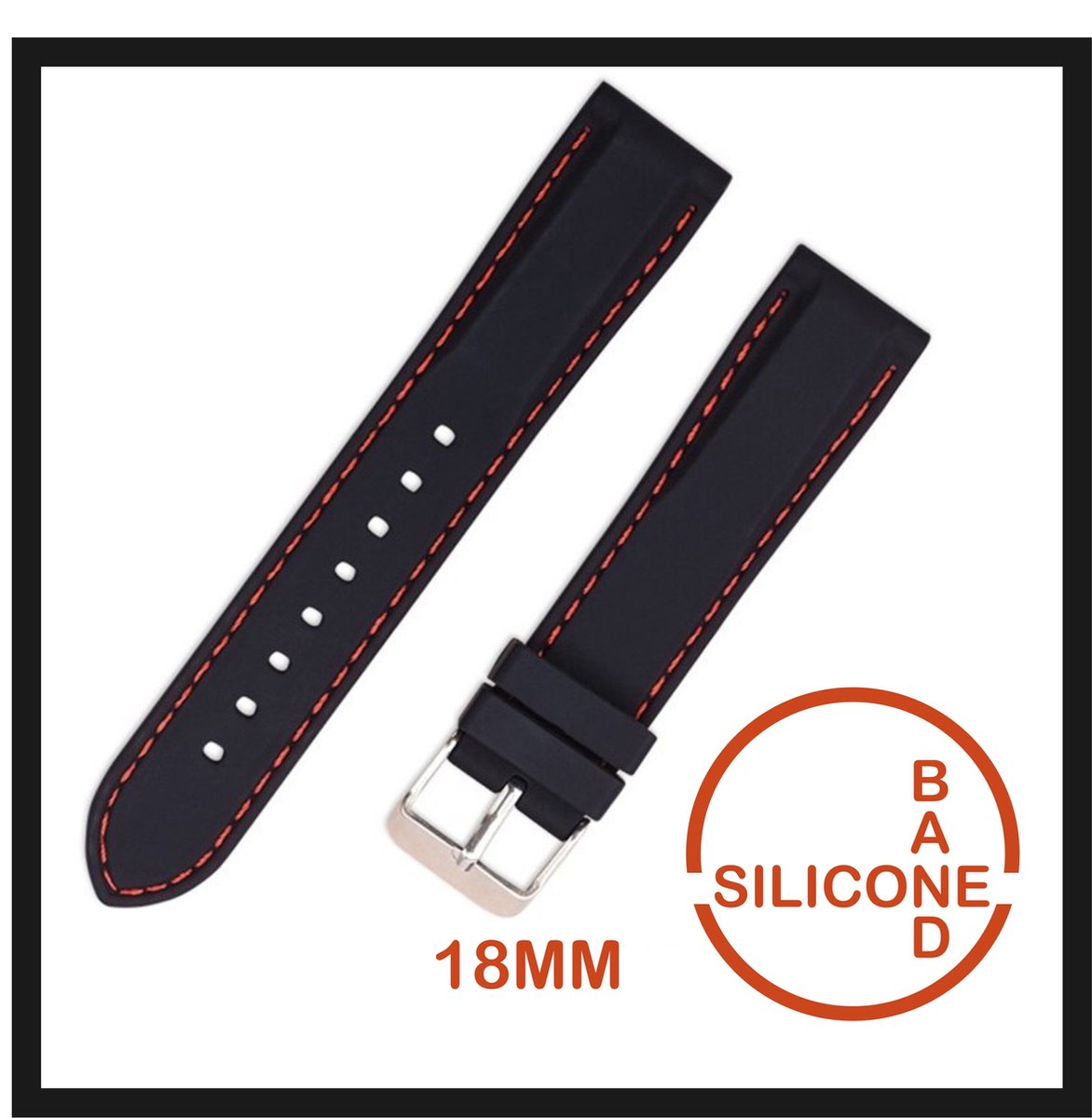 18mm Rubber Siliconen horlogeband zwart met Oranje stiksels passend op o.a Casio Seiko Citizen en alle andere merken - 18 mm Bandje - Horlogebandje horlogeband