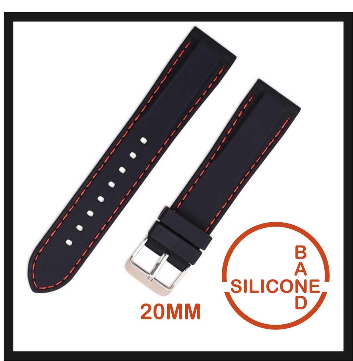 20mm Rubber Siliconen horlogeband zwart met Oranje stiksels passend op o.a Casio Seiko Citizen en alle andere merken - 20 mm Bandje - Horlogebandje horlogeband