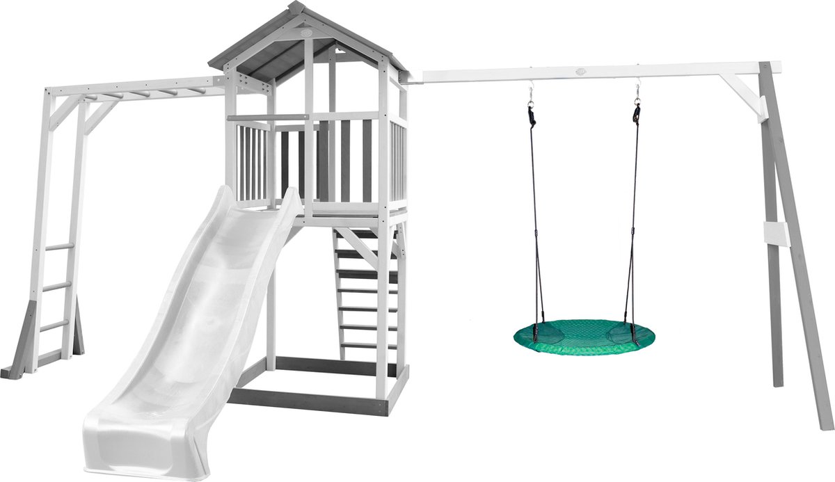 Afbeelding van product AXI Beach Tower Speeltoestel in Grijs/Wit - Speeltoren met Klimrek, Summer Nestschommel, Witte Glijbaan en Zandbak - FSC hout - Speelhuis op palen voor de tuin