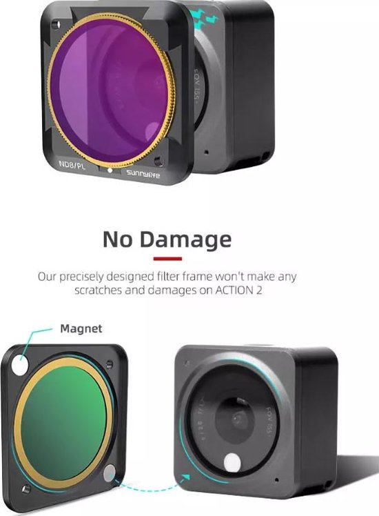 50CAL ND8 (Neutral Density) Actioncam Camera Lens Filter geschikt voor DJI Action 2 - 3 f-stops - magnetisch click-on - professionele kwalteit gehard glas & aluminium frame -krasbestendige coating - 50CAL