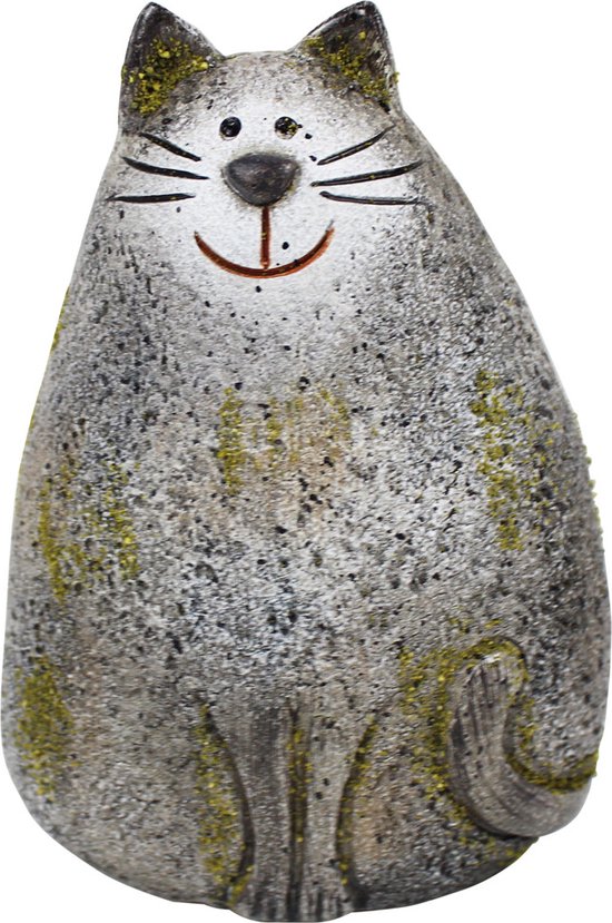 Kat / poes - Bruin / wit / creme / grijs - 11 x 8 x 15 cm hoog.