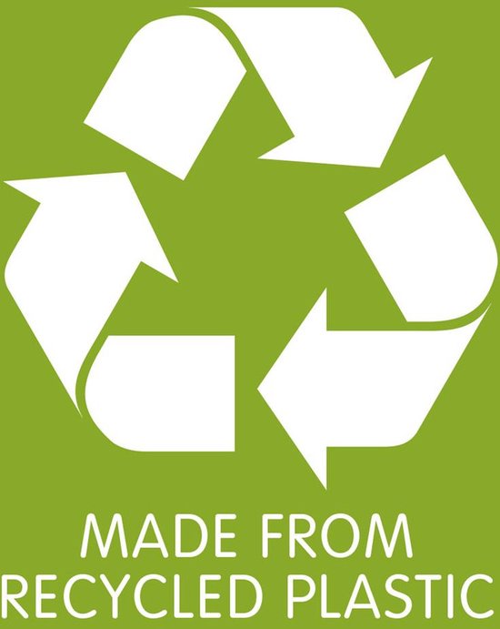 Groene achtergrond met witte recycle-symbolen en tekst 'MADE FROM RECYCLED PLASTIC'.