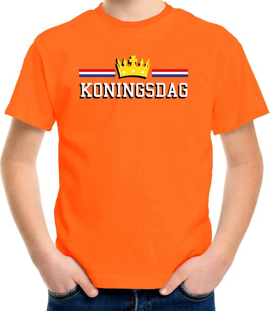 Koningsdag met kroon t-shirt - oranje - kinderen - koningsdag / EK/WK outfit / kleding 134/140