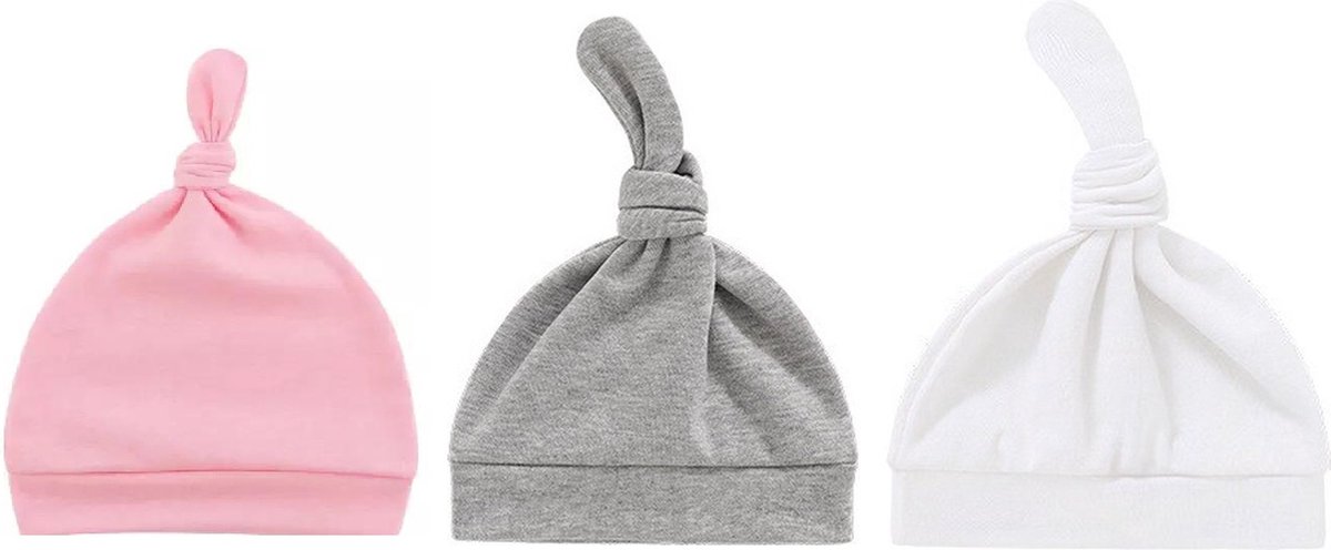 3-Pack Newborn Babymutsjes met Knoop – Effen Roze – Zachte Katoenen Mutsjes voor Pasgeboren Baby’s