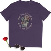 Dames T Shirt - Bloemen Doodshoofd en Tekst - Paars - Maat S