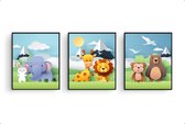 Poster Set 3 Leeuw giraf aapje beer olifant en konijn - dieren van papier / Jungle / Safari / Dieren Poster / Babykamer - Kinderposter 70x50cm