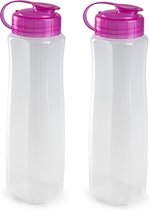 2x stuks kunststof waterflessen 1000 ml transparant met dop roze - Drink/sport/fitness flessen