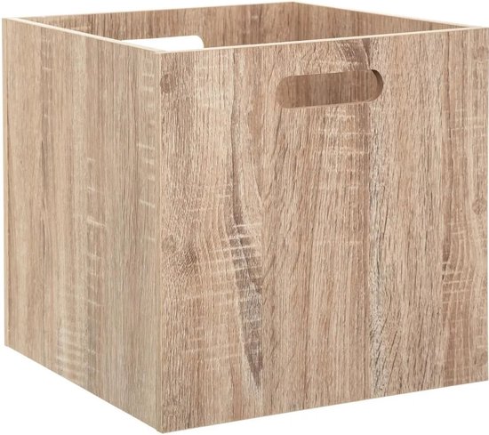 Panier de rangement en bois avec poignée. Le panier a un aspect bois dans des tons marron et naturel.