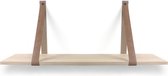 Eiken wandplank 18 mm recht 150 x 20 cm met leren riemen cognac - Eikenhouten wandplank - Eiken wandplank - Leren plankdragers - Fotoplank