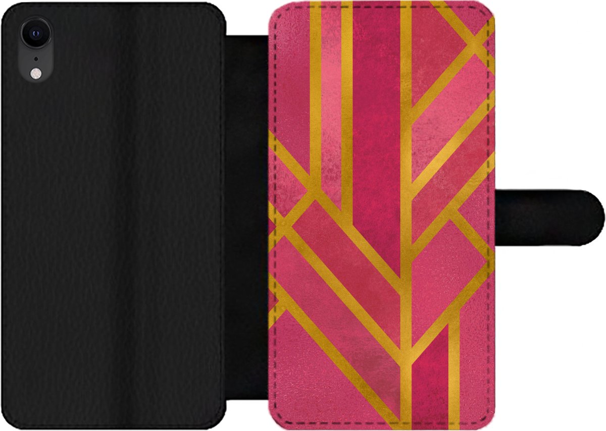Telefoonhoesje Geschikt voor iPhone XR telefoonhoesje - Goud - Roze - Geometrisch - Met vakjes - Wallet case met magneetsluiting