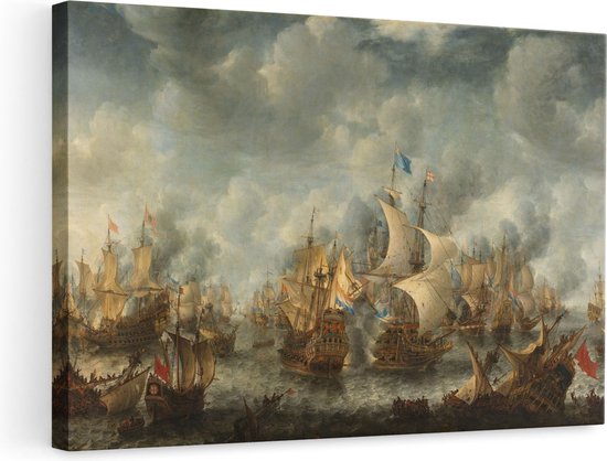 Artaza Canvas Schilderij Zeeslag Oude Meesters - 90x60 cm - Wanddecoratie Schepen - Muurdecoratie Zeilboot - Schilderijen Op Canvas