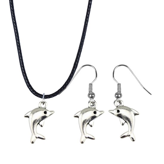 2-Delige- Dolfijn sieraden set-ketting-Oorbellen aan zilveren oorbelhaak-Charme Bijoux