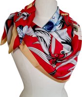 Dames Satijn sjaal 130X130 CM CM -Rood bloemen print-  Mooie zachte vierkante sjaal - Zomer sjaal - Zijden Sjaal - Luxe Shawl - Omslagdoek- Oranje| Vakantie| Feestdagen| Moeder| Vr