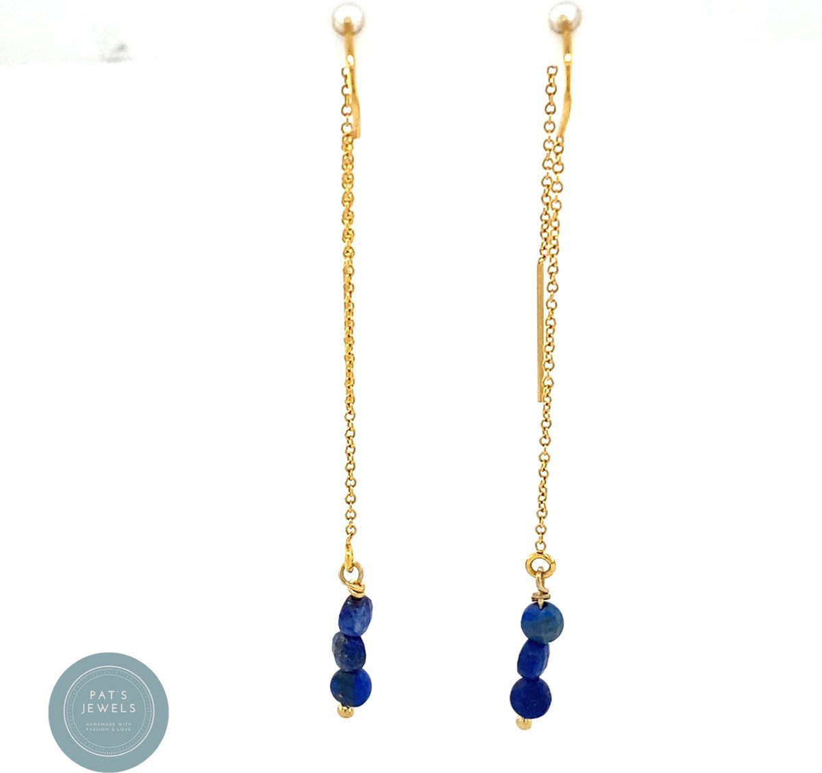 Pat's Jewels Oorbellen dames - Doortrek oorbellen - Minimalistische Oorbellen- Oorkettingen - Lapis Lazuli - Edelsteen hanger- Gold Filled