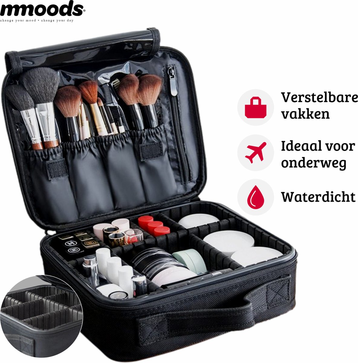 Mmoods Make-up Koffer – Make Up Tas Reizen – Makeup Organizer Verstelbaar -Beautycase Waterdicht – Make-up Tasje voor Onderweg – Toilettas voor Cosmetica Zwart