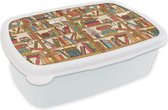 Broodtrommel Wit - Lunchbox - Brooddoos - Patronen - Kat - Boek - Jongens - Meisjes - Kinderen - Kids - 18x12x6 cm - Volwassenen