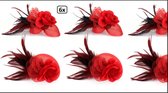 6x Broche tule, tube,veertjes en bloem rood met pin en clip - 6 stuks geleverd in box