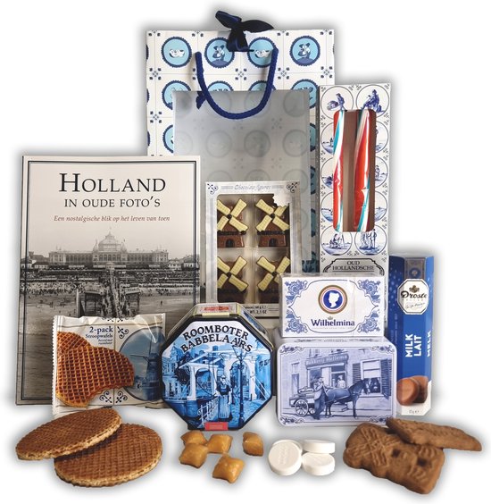 Cadeaupakket - Cadeauset - Geschenkset - Holland tas XL - Holland in oude foto’s - Hollandse cadeautjes | Pakket met diverse Hollandse lekkernijen - Delfts Blauw